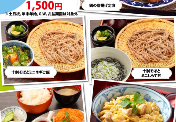 平日限定　入浴＋ランチセット（11時～14時）1,500円　※土日祝。年末年始、G.W.、お盆期間は対象外です。